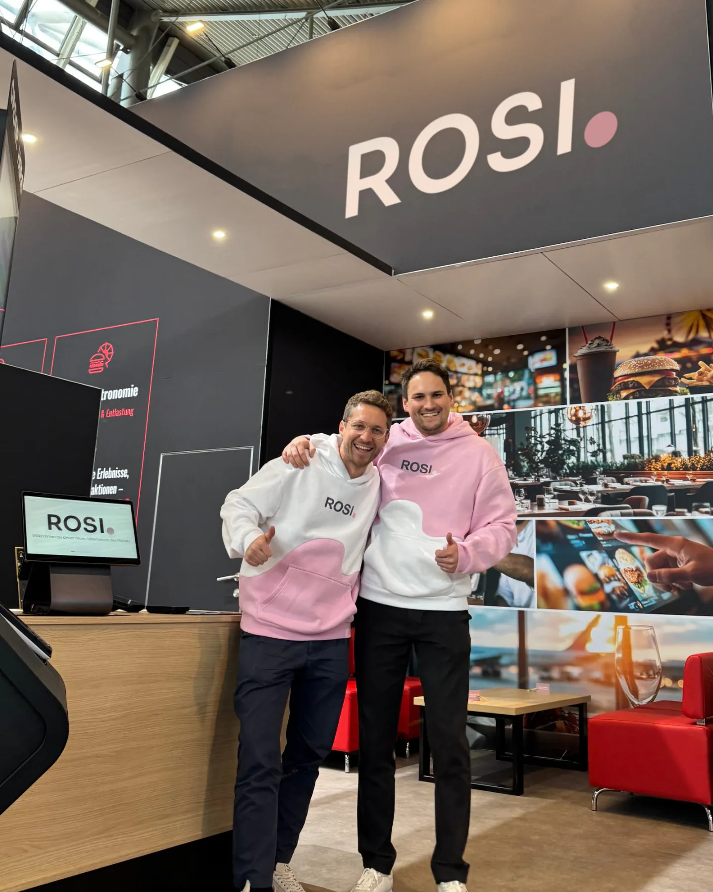 Tobias and Simon Zilker in ROSI hoodies at the trade fair stand with the ROSI logo at Intergastra 2026