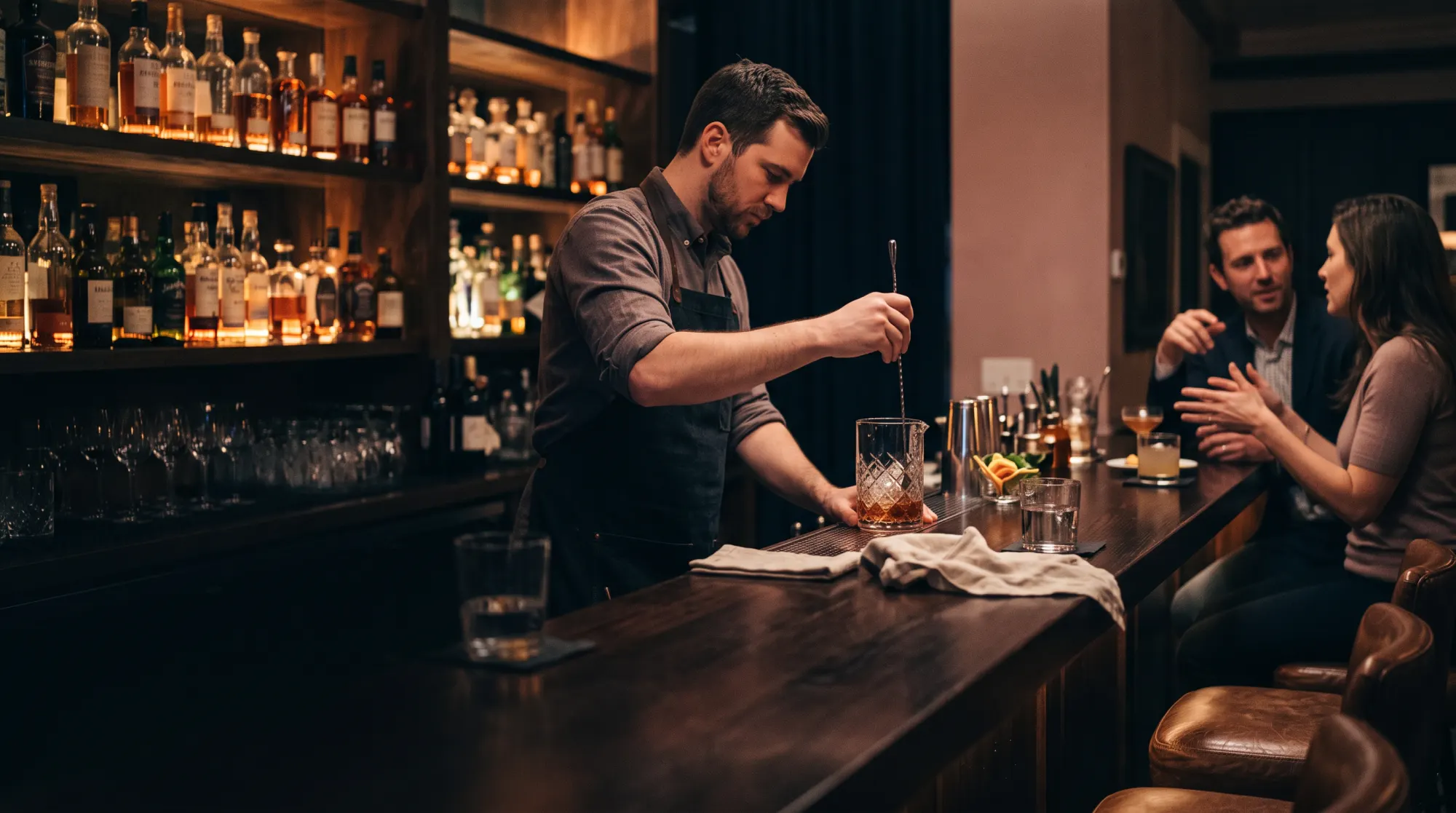 Barkeeper rührt einen Drink an einer dunklen Holztheke, daneben zwei Gäste im Gespräch