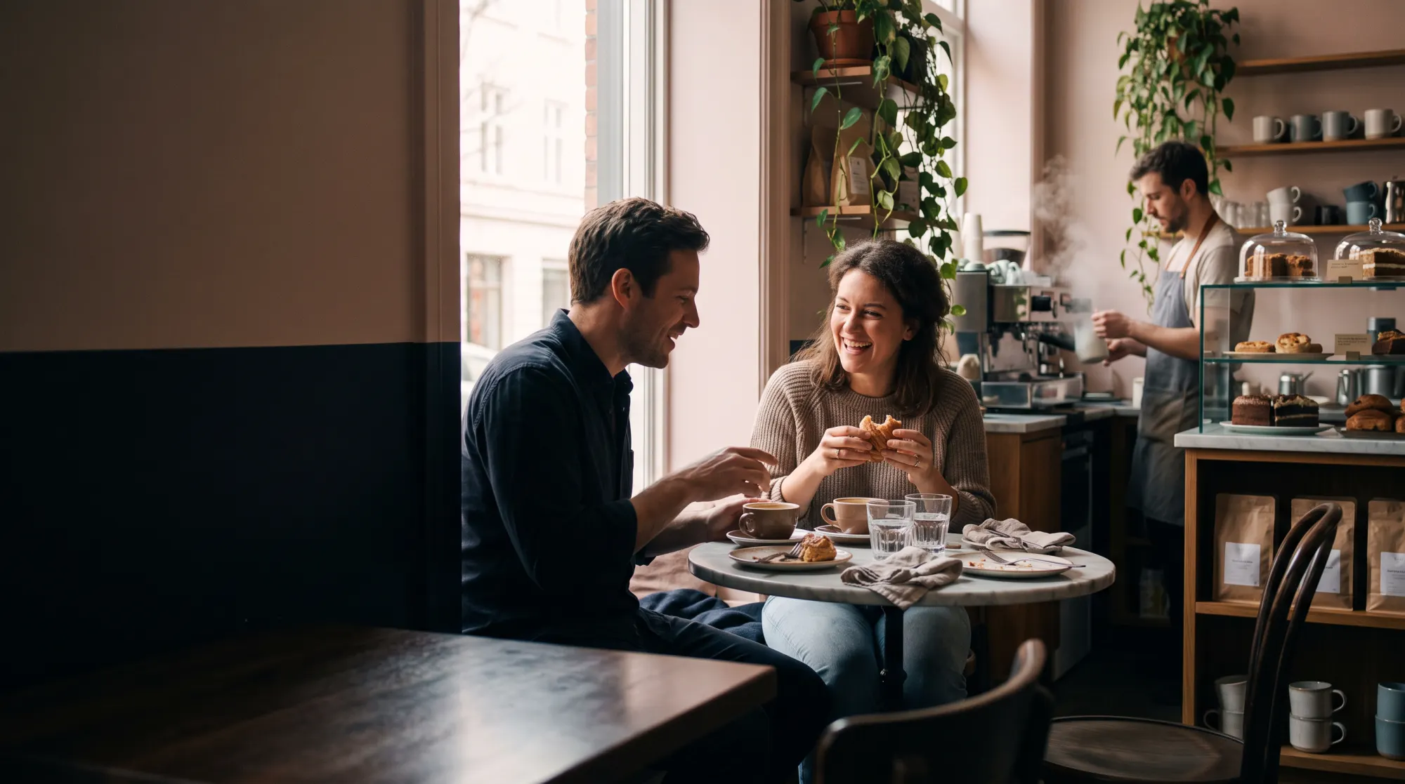 Zwei Gäste beim Frühstück am Fenster eines hellen Cafés, im Hintergrund der Barista an der Kuchentheke