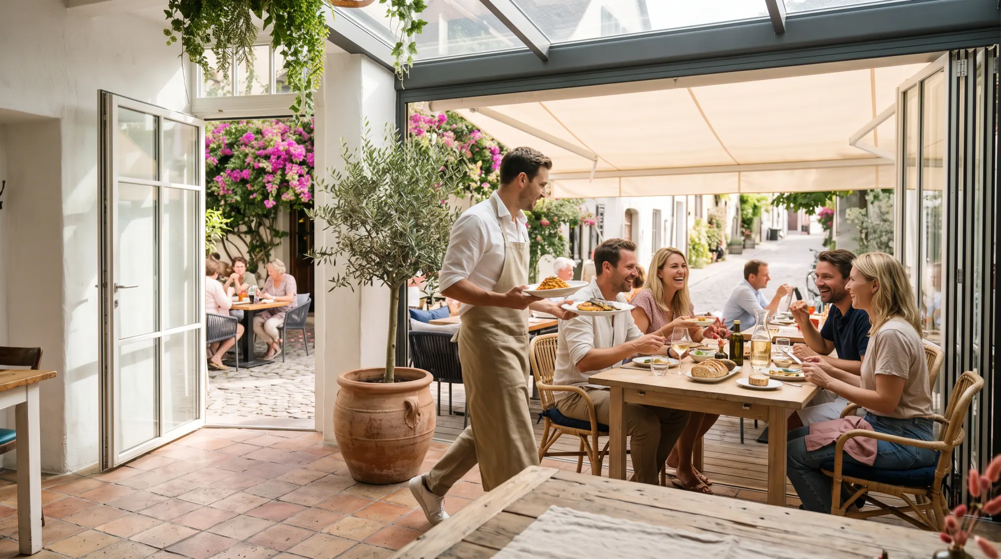 Helles Restaurant mit offener Terrasse: Ein Kellner bringt zwei Teller an einen Tisch mit vier Gästen