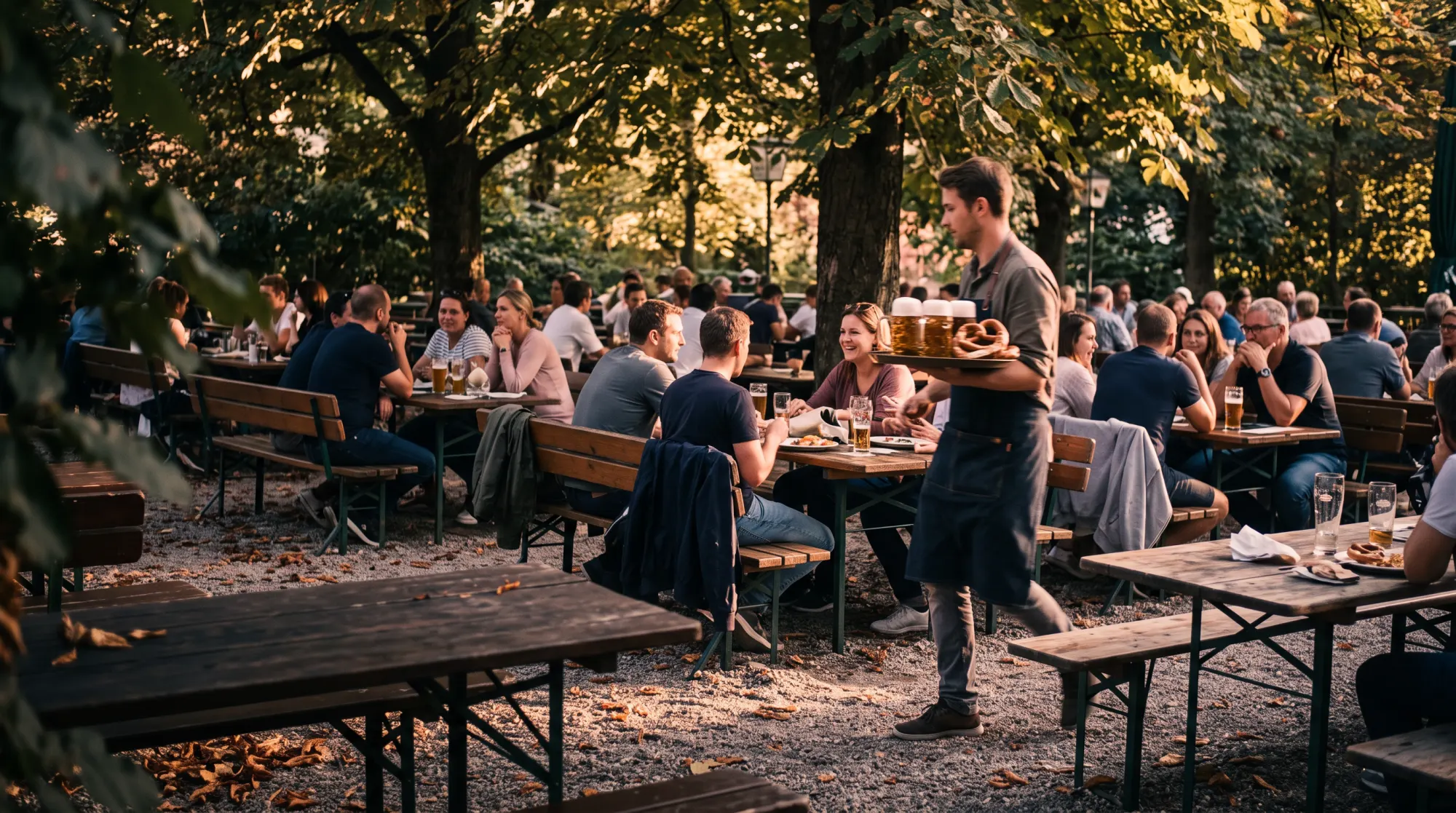 Biergarten unter Kastanien: Ein Kellner trägt Bier und Brezen zu den Gästen