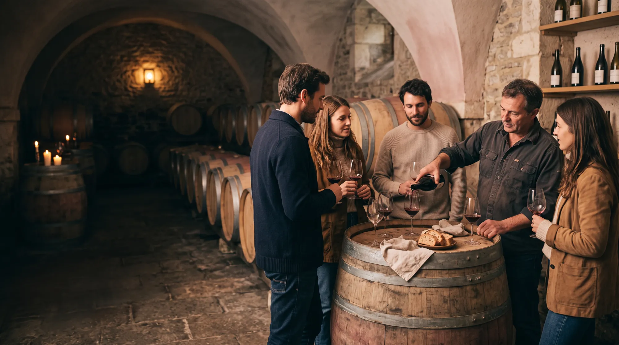 Weinprobe im Gewölbekeller: Der Winzer schenkt einer kleinen Gruppe an einem Holzfass Rotwein ein