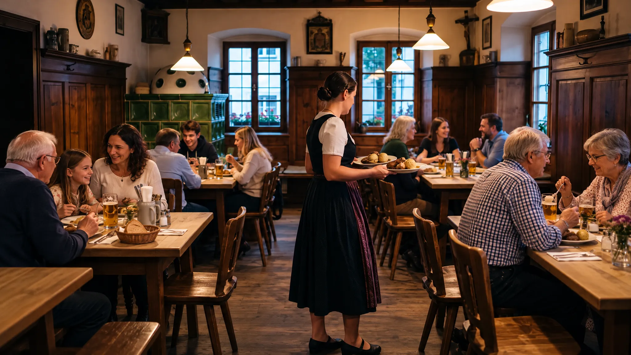 Volle Wirtsstube, die Bedienung trägt zwei Teller durch den Raum